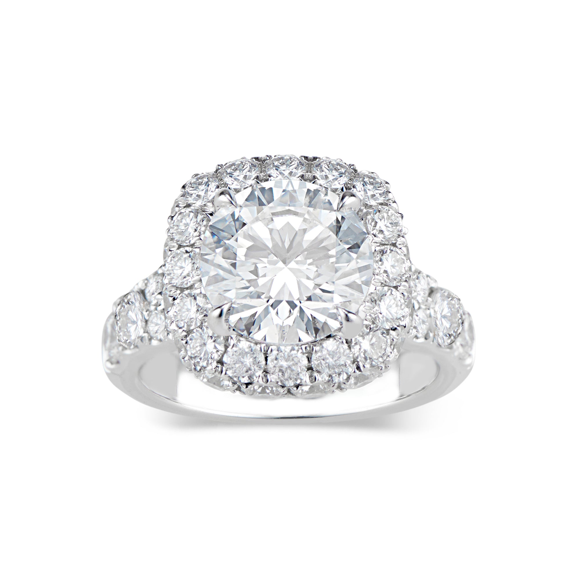 Cushion Double Edge Halo Diamond Engagement Ring  - 4 round diamonds totaling 0.55 carats  - 40 round diamonds totaling 2.13 carats