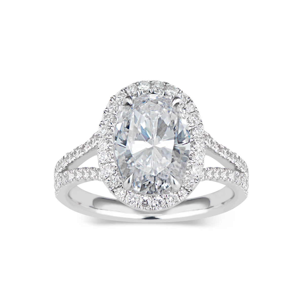 Oval Halo Diamond Engagement Ring with Split Shank  -18K weighting 3.57GR - 66 round diamonds totaling 0.52 carats