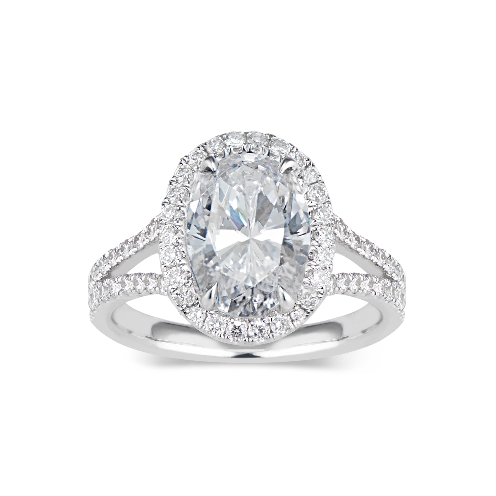 Oval Halo Diamond Engagement Ring with Split Shank  -18K weighting 3.57GR - 66 round diamonds totaling 0.52 carats