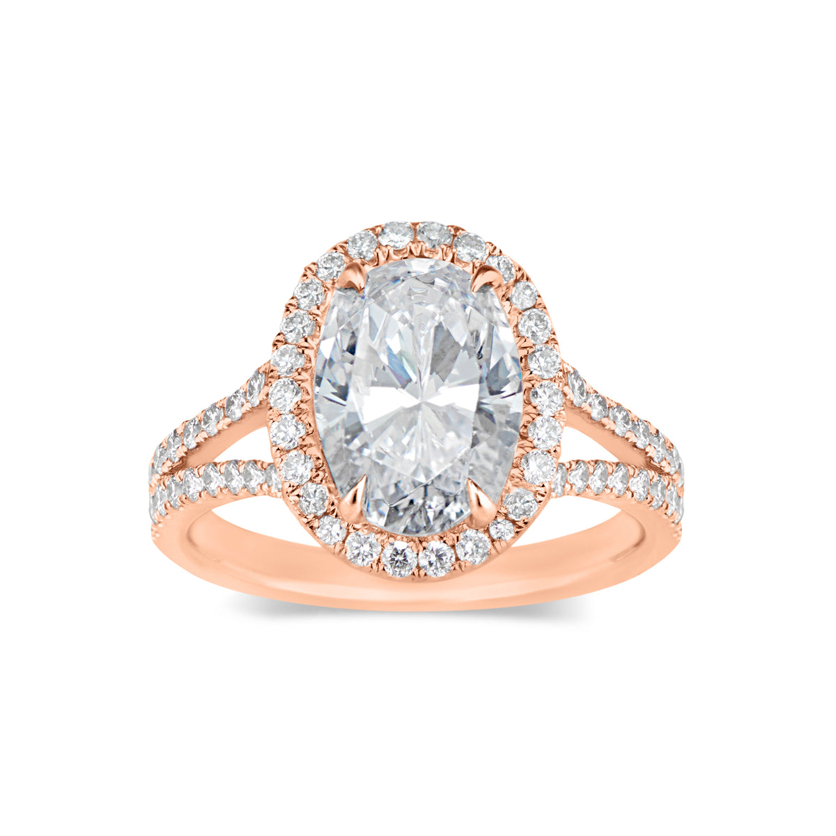 Oval Halo Diamond Engagement Ring with Split Shank  -18K weighting 3.57GR - 66 round diamonds totaling 0.52 carats
