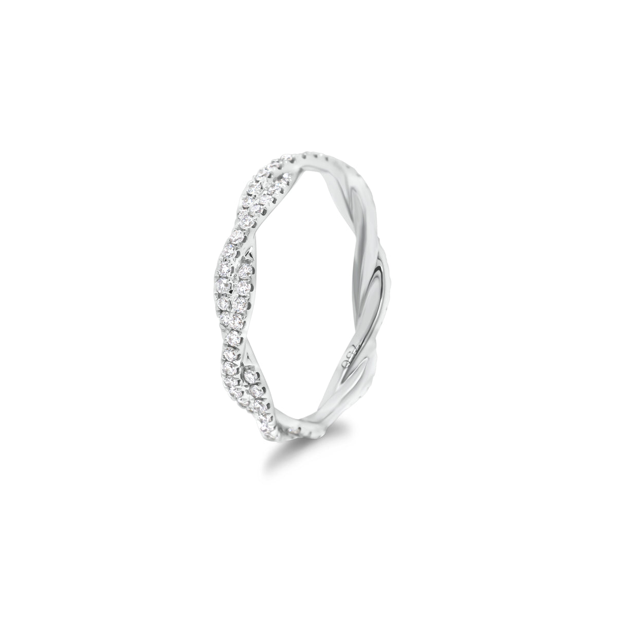 Diamond Twist Infinity Ring  - 18K gold weighing 1.83 grams  - 88 round diamonds totaling 0.45 carats