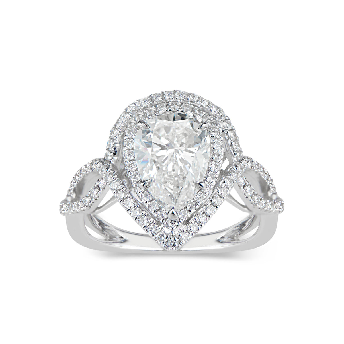 Pear Double Halo Diamond Engagement Ring with Twisted Shank  -18K weighting 4.34GR  - 101 round diamonds totaling 0.48 carats