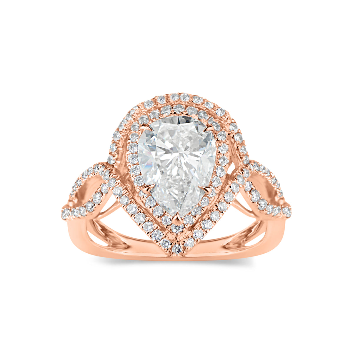 Pear Double Halo Diamond Engagement Ring with Twisted Shank  -18K weighting 4.34GR  - 101 round diamonds totaling 0.48 carats
