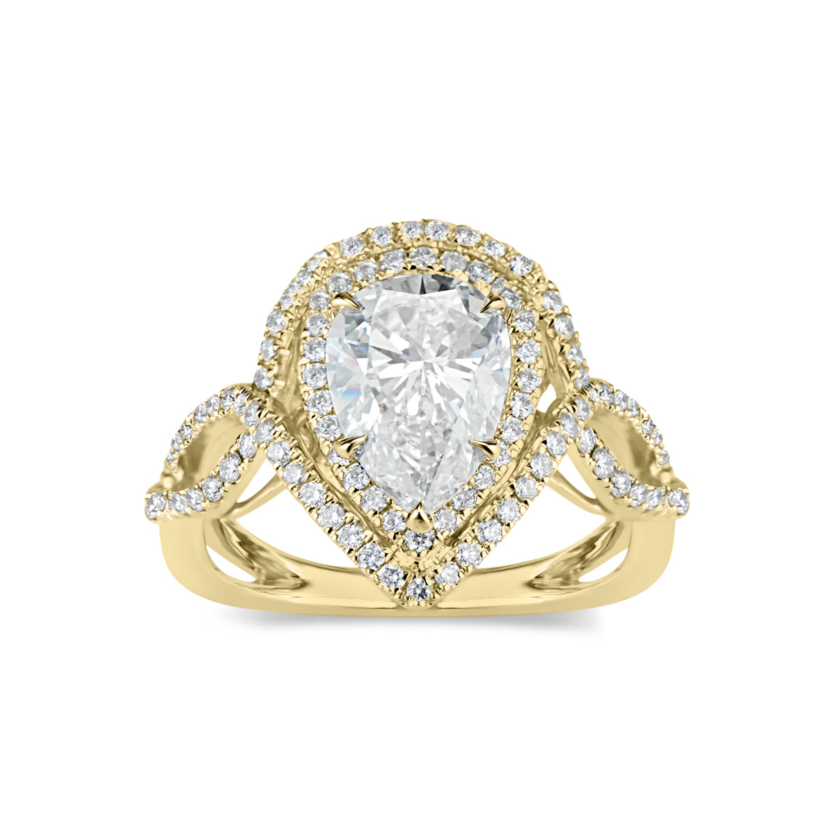 Pear Double Halo Diamond Engagement Ring with Twisted Shank  -18K weighting 4.34GR  - 101 round diamonds totaling 0.48 carats