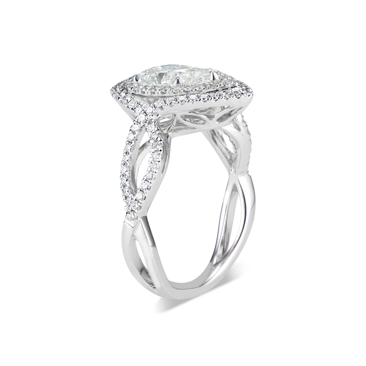 Pear Double Halo Diamond Engagement Ring with Twisted Shank  -18K weighting 4.34GR  - 101 round diamonds totaling 0.48 carats