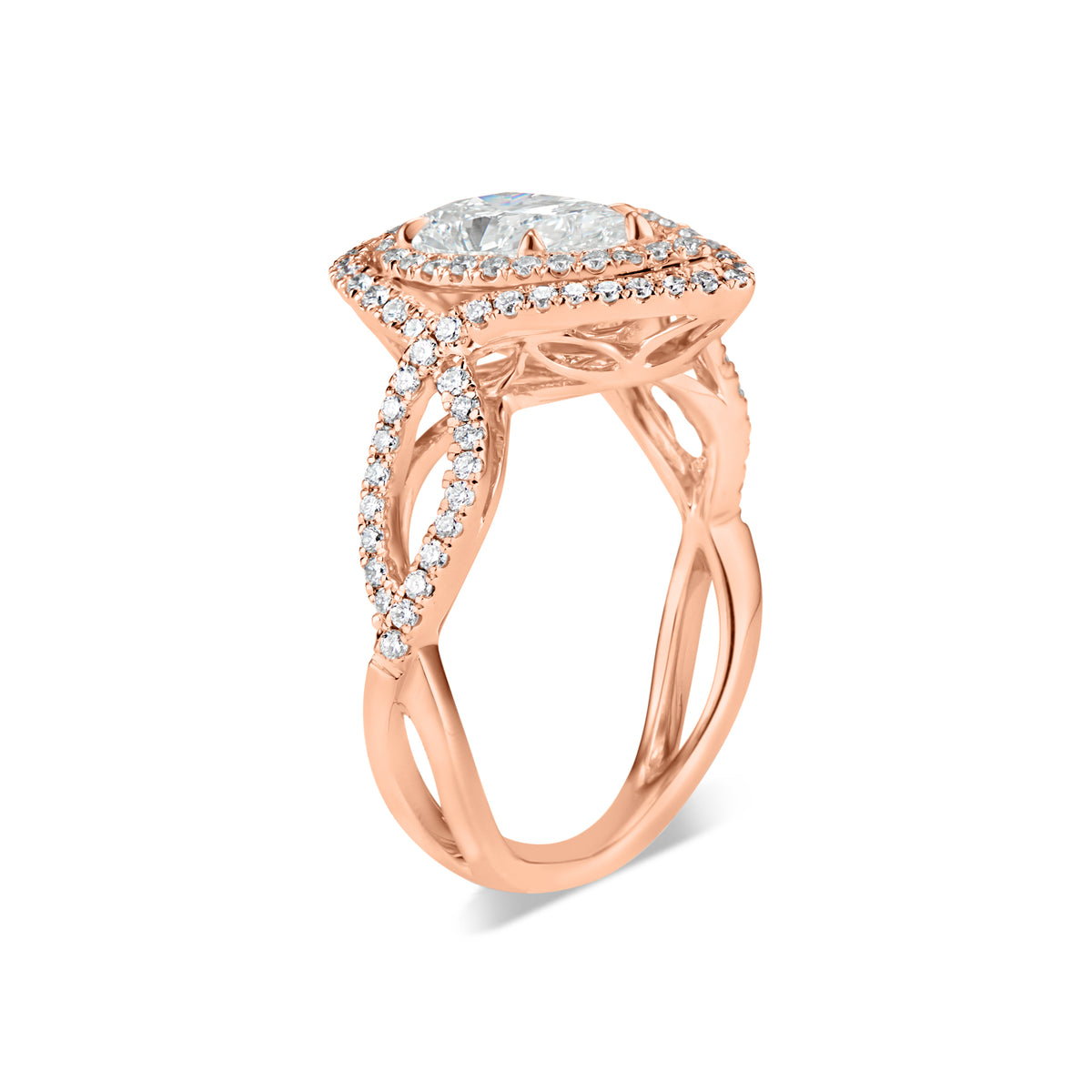 Pear Double Halo Diamond Engagement Ring with Twisted Shank  -18K weighting 4.34GR  - 101 round diamonds totaling 0.48 carats