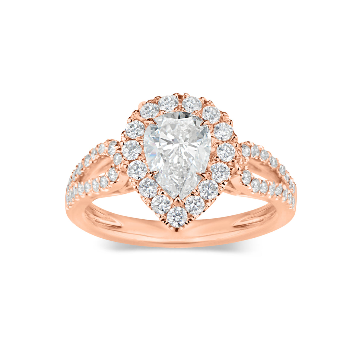 Pear Halo Diamond Engagement Ring with Open Loop Shank  -18K weighting 4.50 GR  - 49 round diamonds totaling 0.62 carats