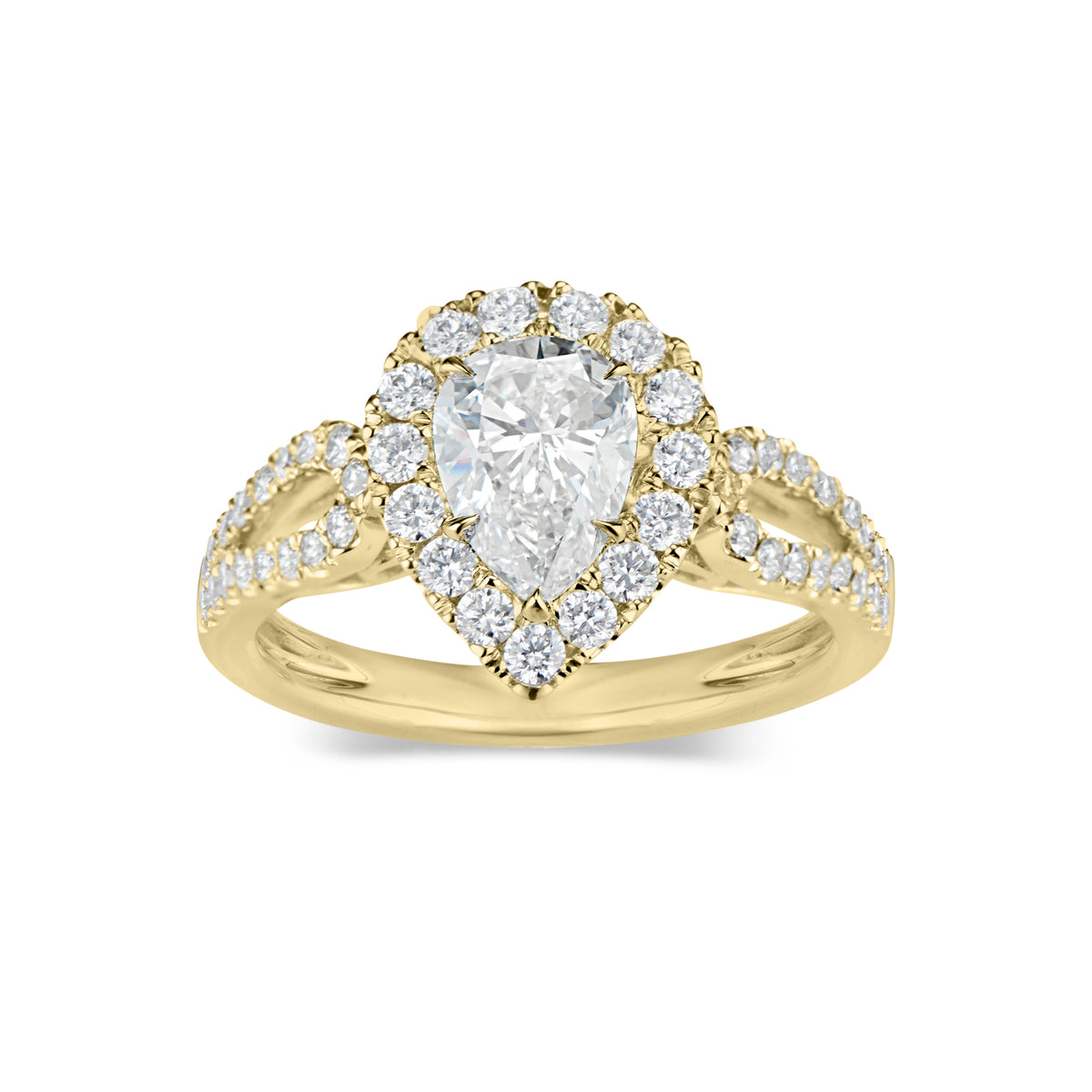 Pear Halo Diamond Engagement Ring with Open Loop Shank  -18K weighting 4.50 GR  - 49 round diamonds totaling 0.62 carats