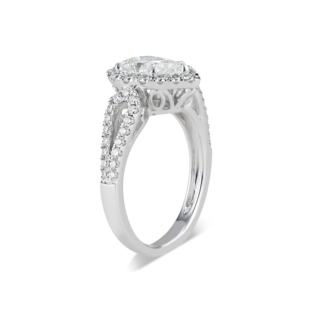 Pear Halo Diamond Engagement Ring with Open Loop Shank  -18K weighting 4.50 GR  - 49 round diamonds totaling 0.62 carats