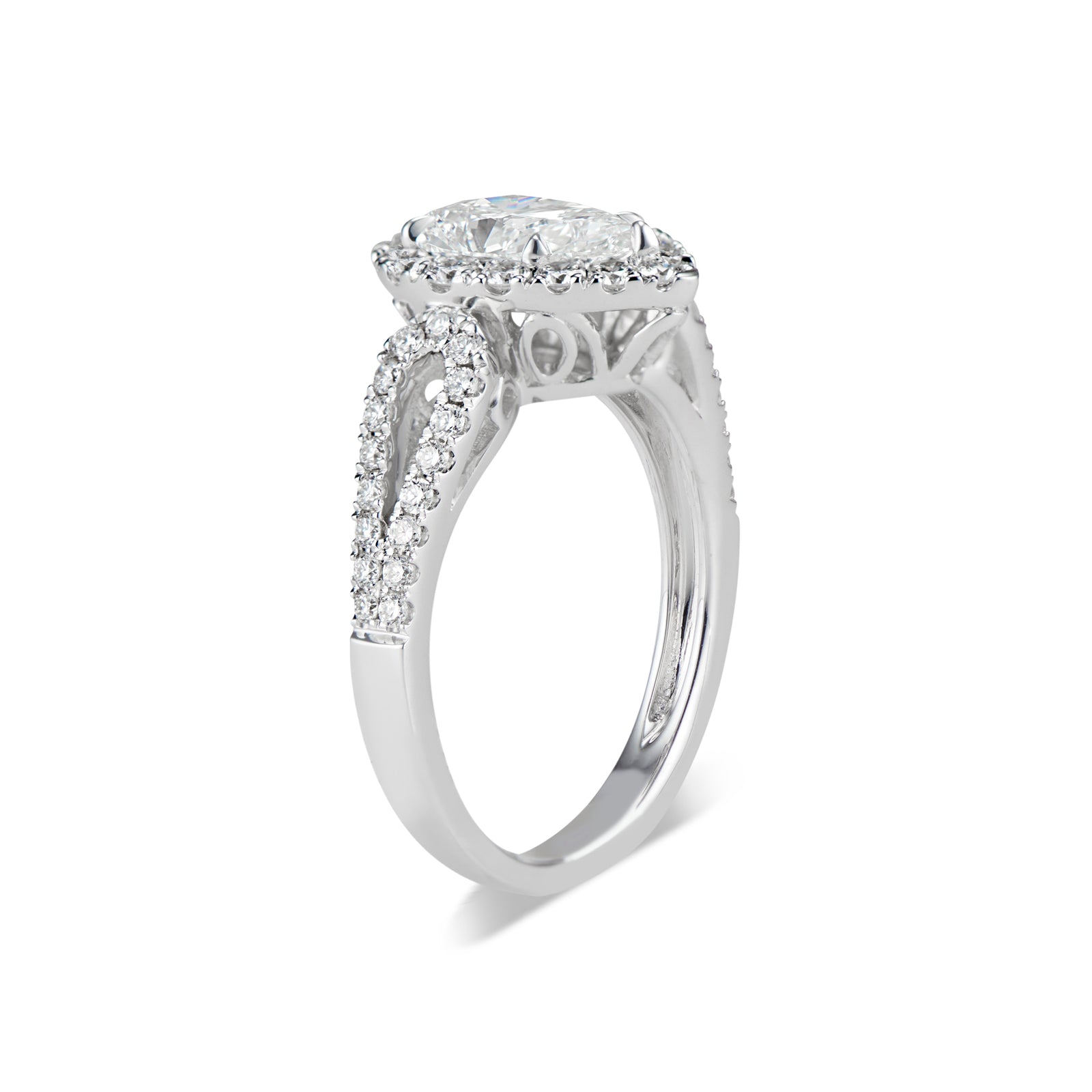 Pear Halo Diamond Engagement Ring with Open Loop Shank  -18K weighting 4.50 GR  - 49 round diamonds totaling 0.62 carats