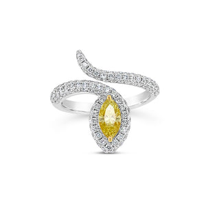 Yellow Diamond Marquise Ring   -18K gold weighing 3.89 grams  -114 round diamonds totaling 1.07 carats