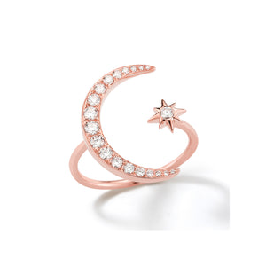 Crescent Moon and Star Diamond Ring  - 14k rose gold weighting 2.61 grams.  - 20 round shared prong-set diamonds .36 carats.