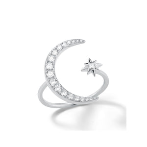 Crescent Moon and Star Diamond Ring  - 14k white gold weighting 2.61 grams.  - 20 round shared prong-set diamonds .36 carats.