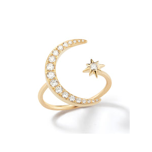 Crescent Moon and Star Diamond Ring  - 14k yellow gold weighting 2.61 grams.  - 20 round shared prong-set diamonds .36 carats.