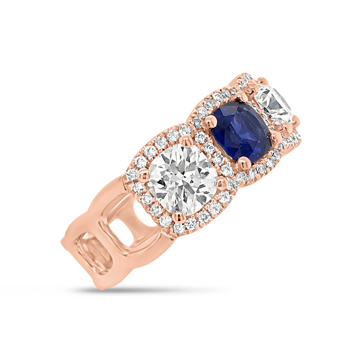 Cushion cut diamond and sapphire band -18k gold weighing 5.52 grams weighing  -84 round diamonds weighing .31 carats  -2 Sapphires -1.70cts  -3 Cushion cut diamonds - 1.56cts