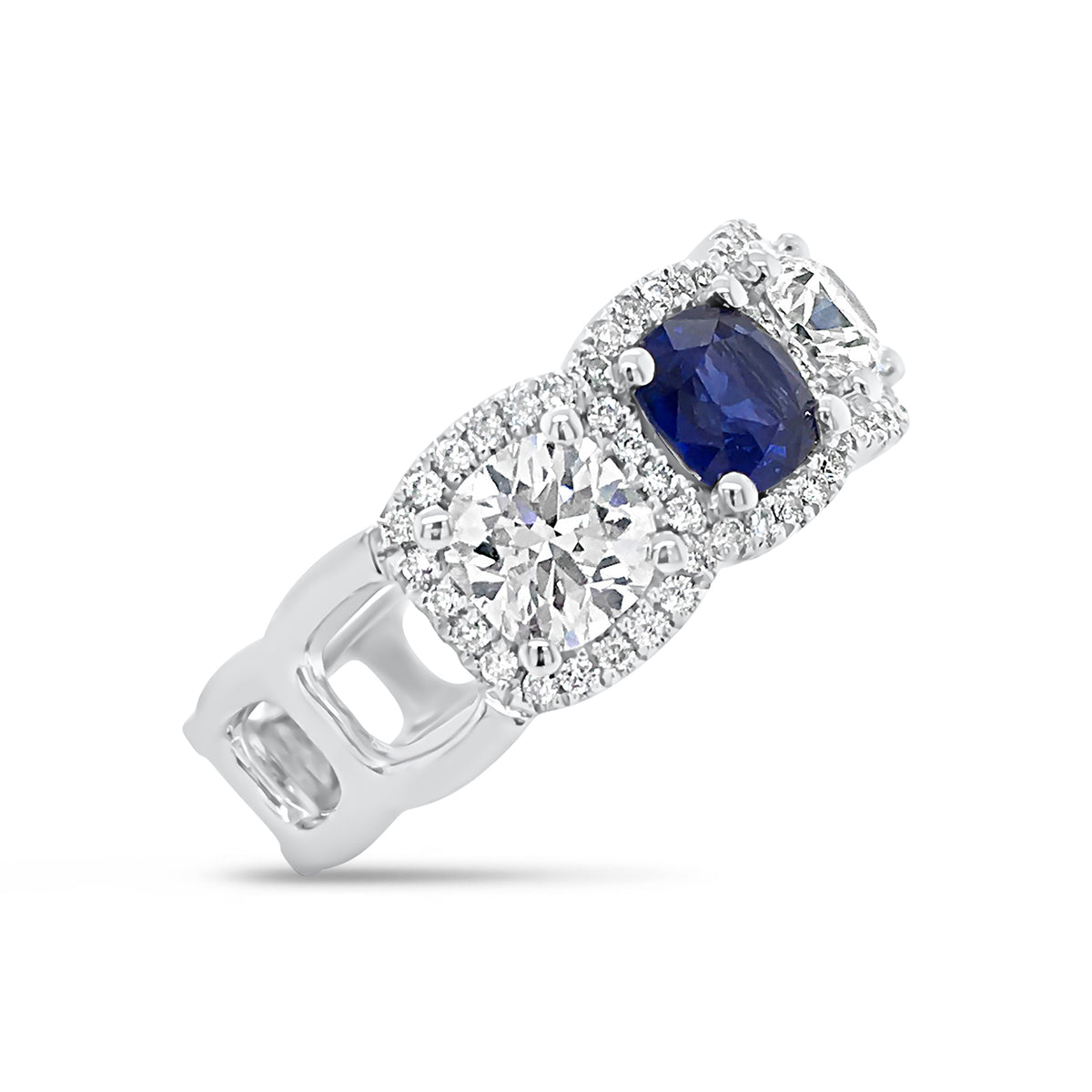 Cushion cut diamond and sapphire band -18k gold weighing 5.52 grams weighing  -84 round diamonds weighing .31 carats  -2 Sapphires -1.70cts  -3 Cushion cut diamonds - 1.56cts
