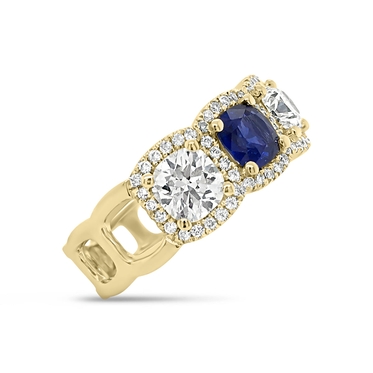 Cushion cut diamond and sapphire band -18k gold weighing 5.52 grams weighing  -84 round diamonds weighing .31 carats  -2 Sapphires -1.70cts  -3 Cushion cut diamonds - 1.56cts