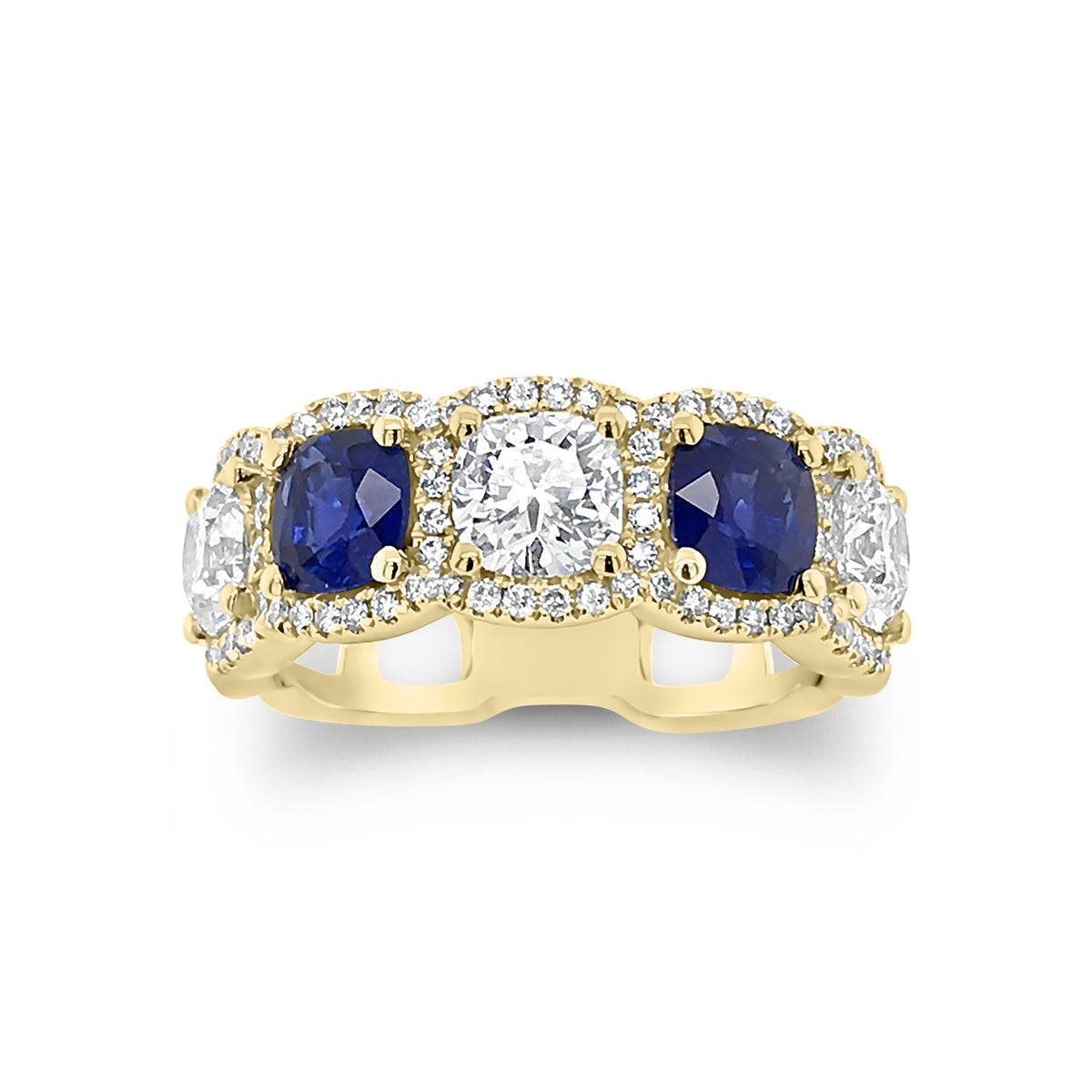 Cushion cut diamond and sapphire band -18k gold weighing 5.52 grams weighing  -84 round diamonds weighing .31 carats  -2 Sapphires -1.70cts  -3 Cushion cut diamonds - 1.56cts