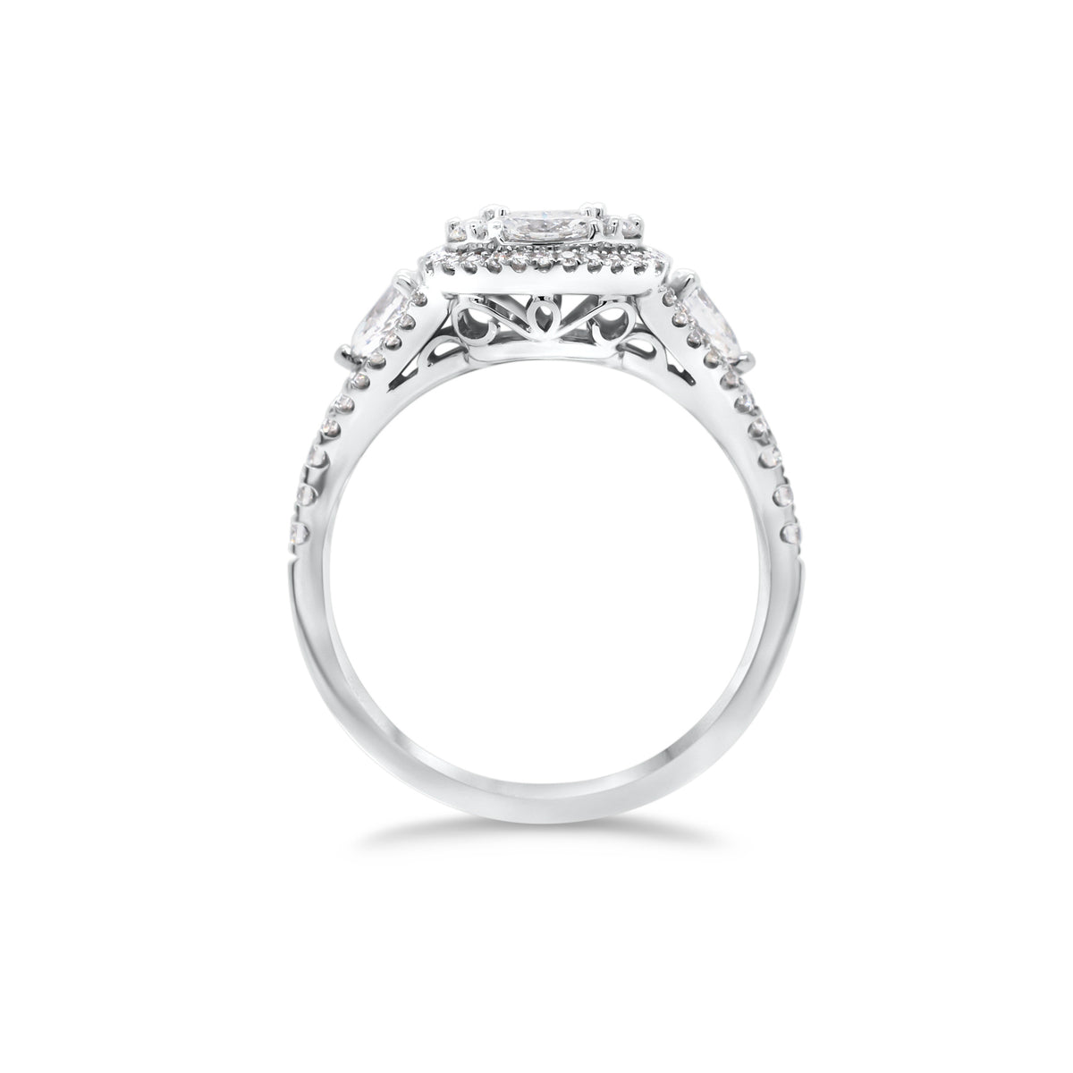 Diamond Mixed Cuts Engagement Ring  - 18K gold weighing 4.80 grams  - 0.38 cts round diamonds  - 0.22 cts marquise diamonds  - 0.28 cts pear-shaped diamonds  - 0.60 cts straight baguettes  - total weigh in diamonds 1.48 cts.