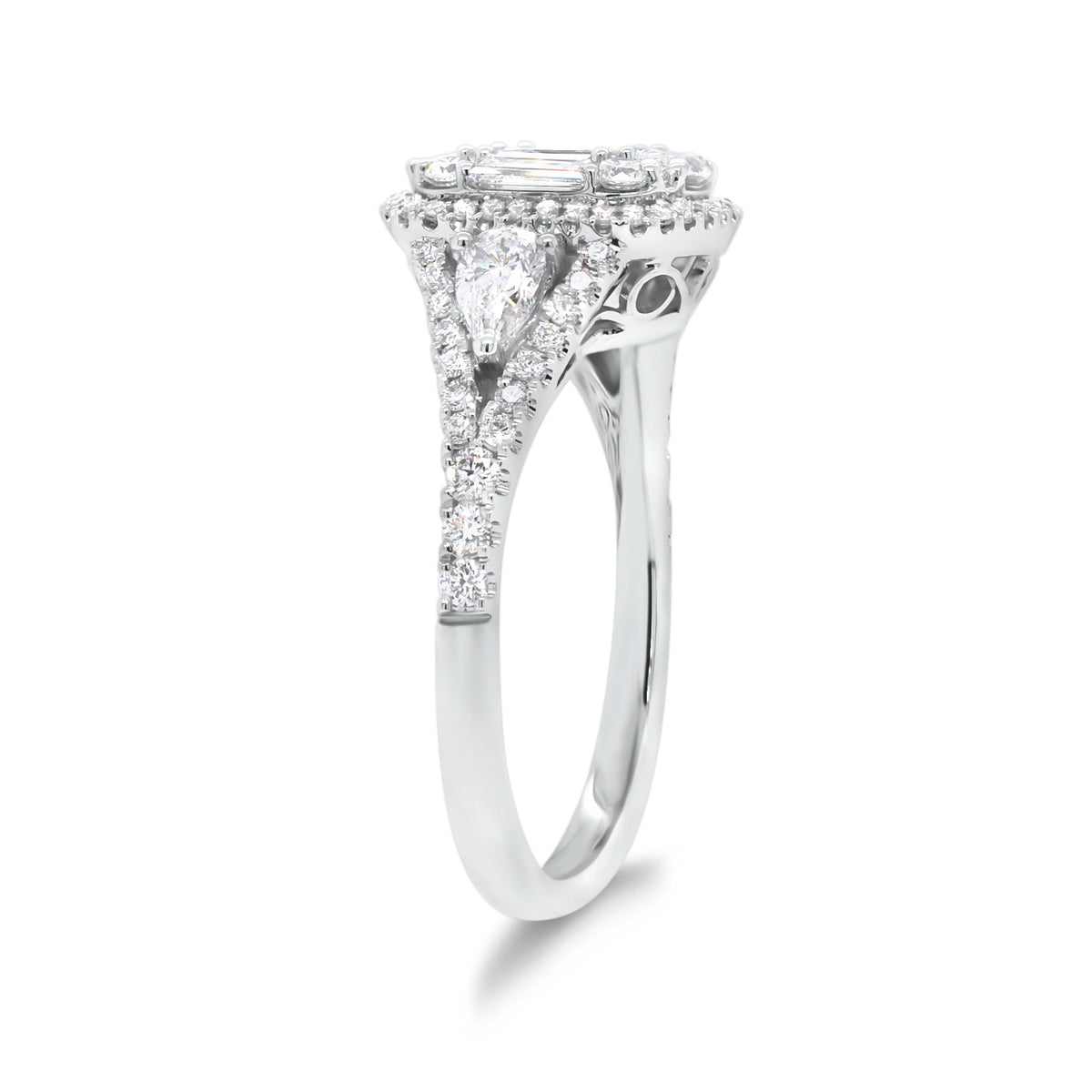 Diamond Mixed Cuts Engagement Ring  - 18K gold weighing 4.80 grams  - 0.38 cts round diamonds  - 0.22 cts marquise diamonds  - 0.28 cts pear-shaped diamonds  - 0.60 cts straight baguettes  - total weigh in diamonds 1.48 cts.