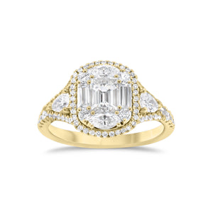 Diamond Mixed Cuts Engagement Ring  - 18K gold weighing 4.80 grams  - 0.38 cts round diamonds  - 0.22 cts marquise diamonds  - 0.28 cts pear-shaped diamonds  - 0.60 cts straight baguettes  - total weigh in diamonds 1.48 cts.