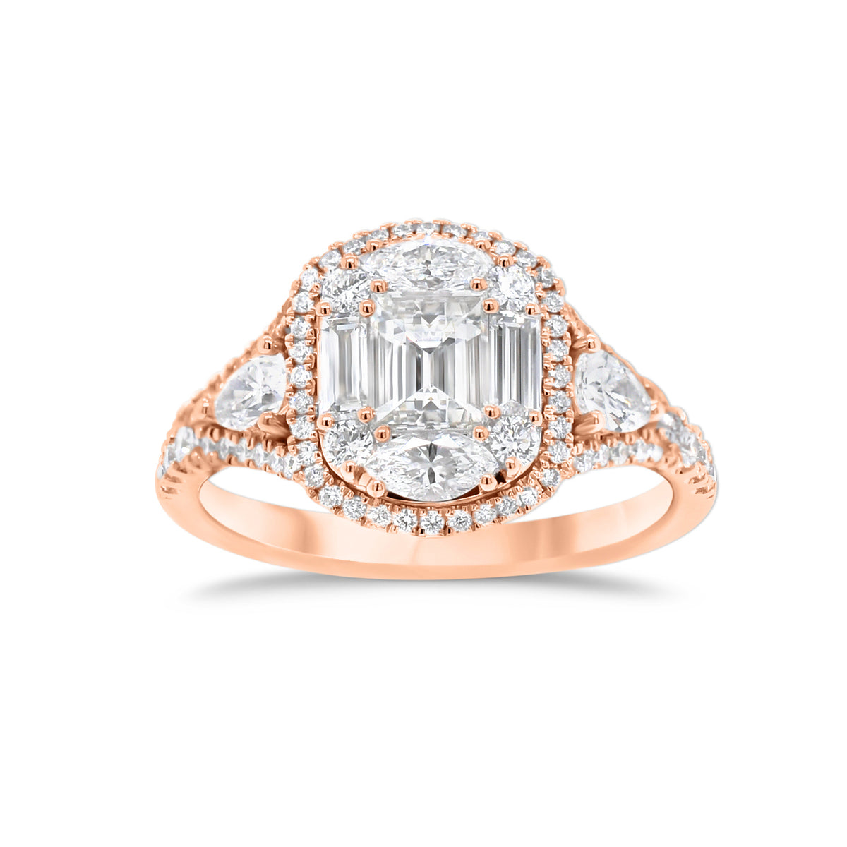 Diamond Mixed Cuts Engagement Ring  - 18K gold weighing 4.80 grams  - 0.38 cts round diamonds  - 0.22 cts marquise diamonds  - 0.28 cts pear-shaped diamonds  - 0.60 cts straight baguettes  - total weigh in diamonds 1.48 cts.