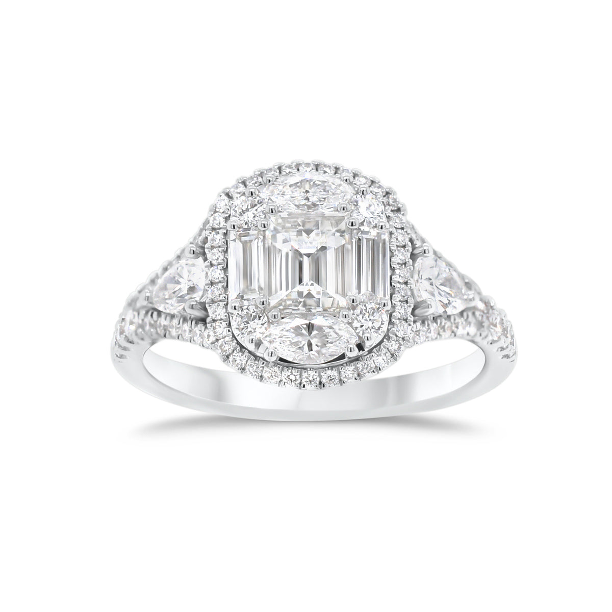 Diamond Mixed Cuts Engagement Ring  - 18K gold weighing 4.80 grams  - 0.38 cts round diamonds  - 0.22 cts marquise diamonds  - 0.28 cts pear-shaped diamonds  - 0.60 cts straight baguettes  - total weigh in diamonds 1.48 cts.