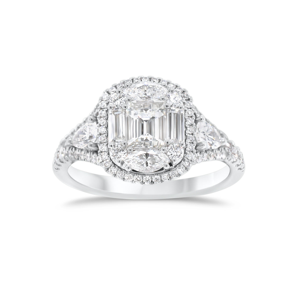 Diamond Mixed Cuts Engagement Ring  - 18K gold weighing 4.80 grams  - 0.38 cts round diamonds  - 0.22 cts marquise diamonds  - 0.28 cts pear-shaped diamonds  - 0.60 cts straight baguettes  - total weigh in diamonds 1.48 cts.