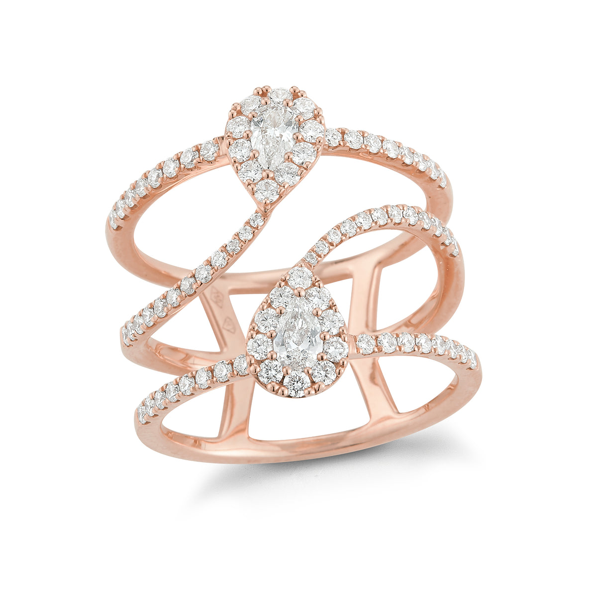 Diamond Pear-shaped Fashion Ring  18k gold, 5.48 grams  -76 round four prong-set diamonds .63 carats  -2 pear shaped diamonds .24 carats.