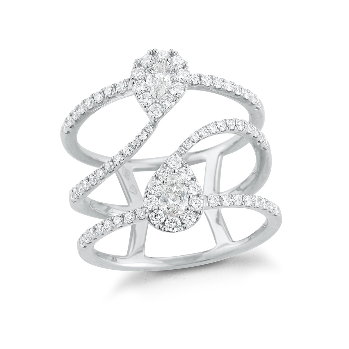 Diamond Pear-shaped Fashion Ring  18k gold, 5.48 grams  -76 round four prong-set diamonds .63 carats  -2 pear shaped diamonds .24 carats.