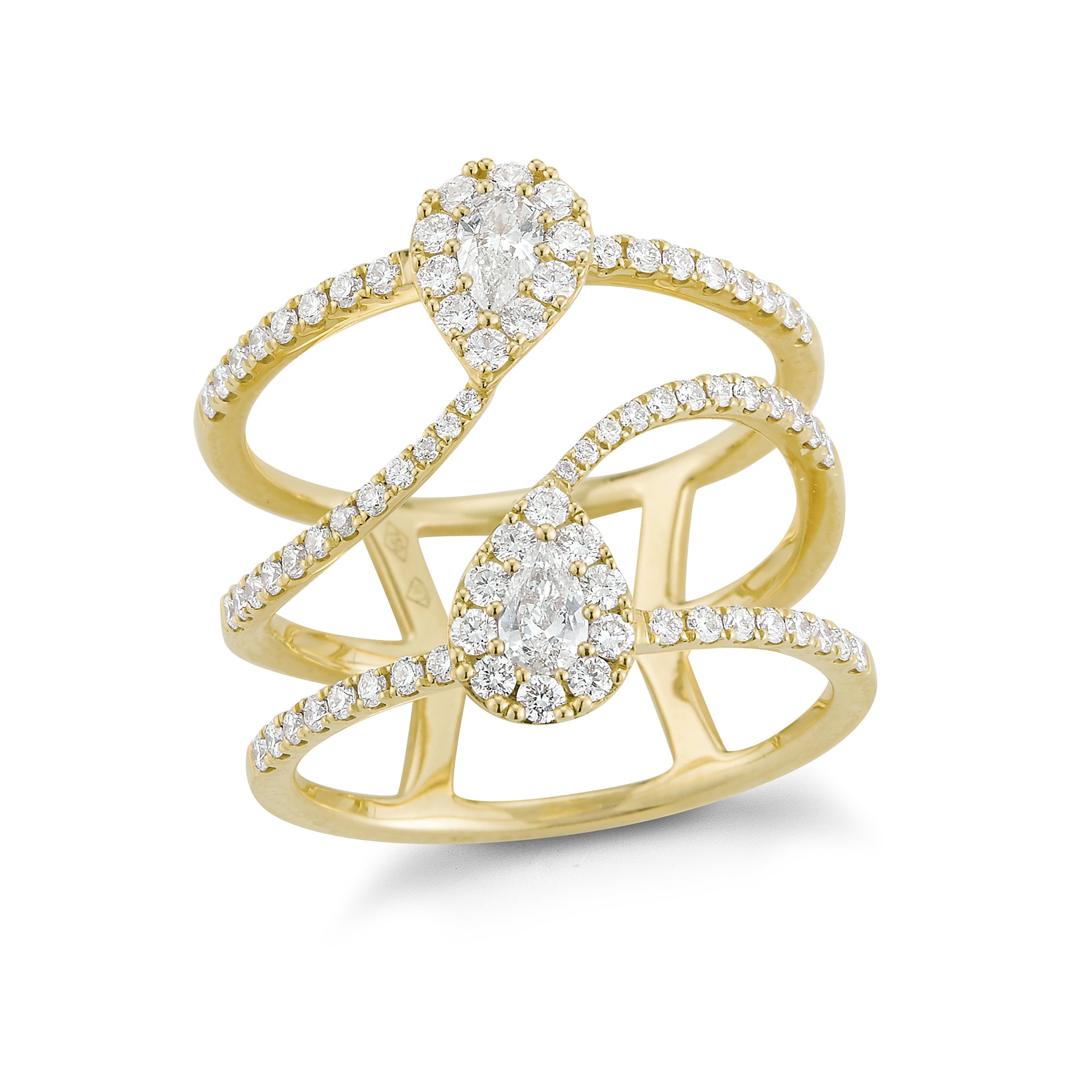 Diamond Pear-shaped Fashion Ring  18k gold, 5.48 grams  -76 round four prong-set diamonds .63 carats  -2 pear shaped diamonds .24 carats.