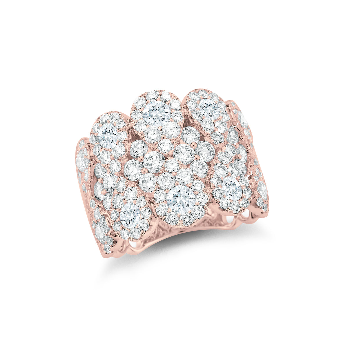 Diamond Cluster Ring  18k gold, 8.15 grams, 26 round shared prong-set diamonds 1.93 carats, 108 round shared prong-set diamonds 1.62 carats.  Total diamond weight 3.55 carats  Size 17 millimeters width