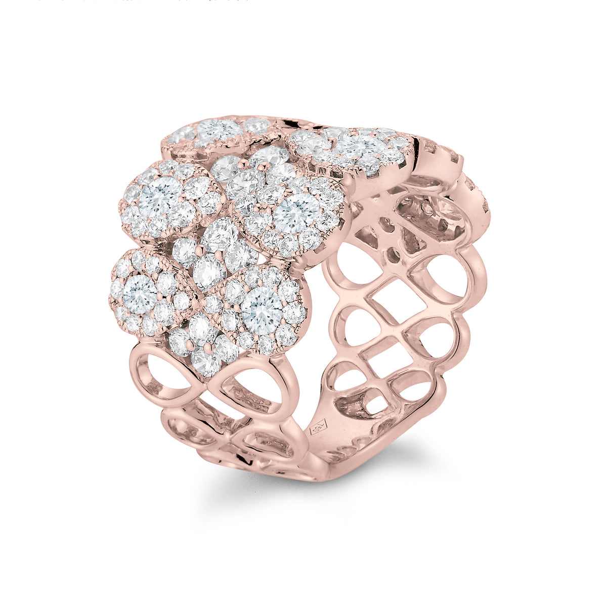 Diamond Cluster Ring  18k gold, 8.15 grams, 26 round shared prong-set diamonds 1.93 carats, 108 round shared prong-set diamonds 1.62 carats.  Total diamond weight 3.55 carats  Size 17 millimeters width