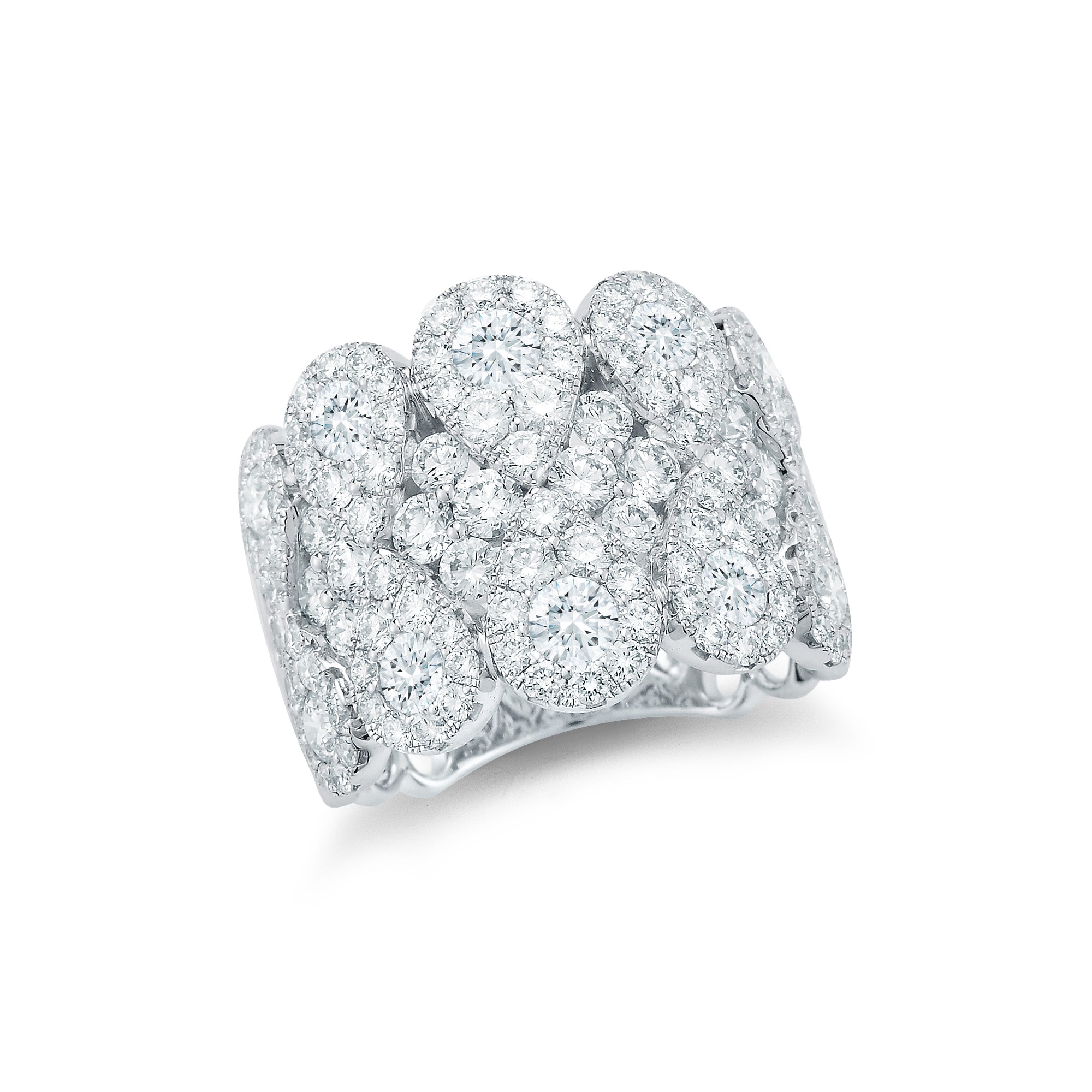 Diamond Cluster Ring  18k gold, 8.15 grams, 26 round shared prong-set diamonds 1.93 carats, 108 round shared prong-set diamonds 1.62 carats.  Total diamond weight 3.55 carats  Size 17 millimeters width