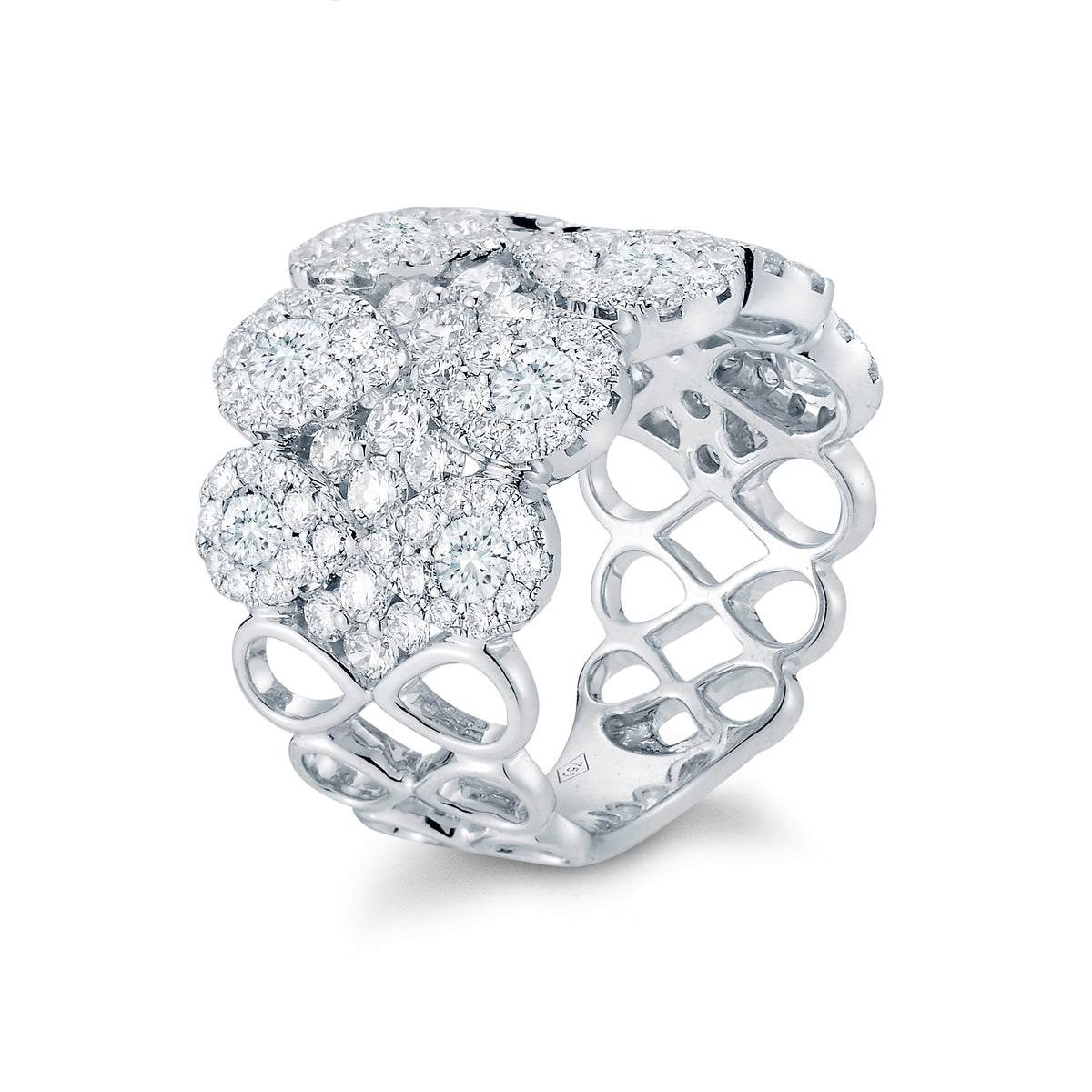 Diamond Cluster Ring  18k gold, 8.15 grams, 26 round shared prong-set diamonds 1.93 carats, 108 round shared prong-set diamonds 1.62 carats.  Total diamond weight 3.55 carats  Size 17 millimeters width