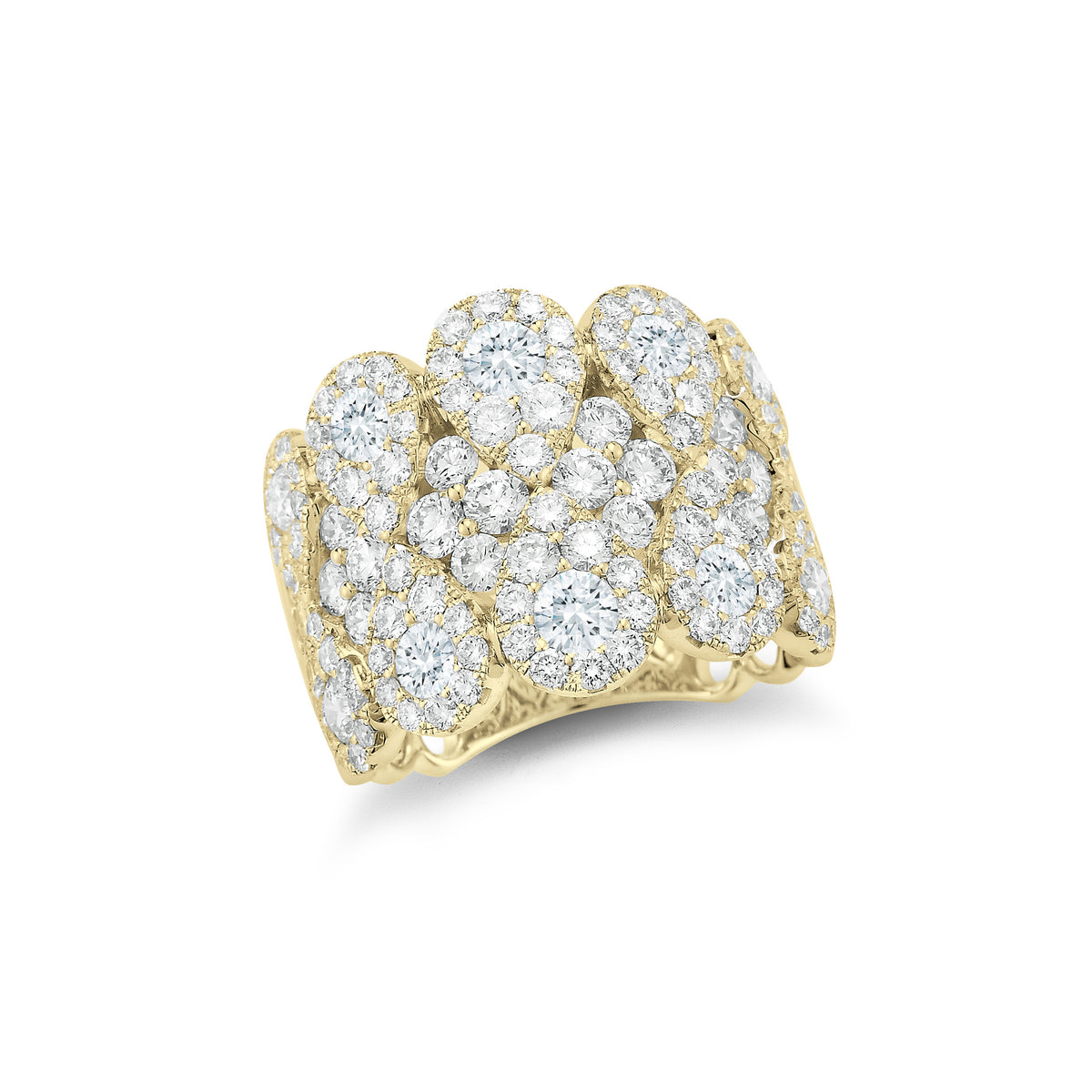 Diamond Cluster Ring  18k gold, 8.15 grams, 26 round shared prong-set diamonds 1.93 carats, 108 round shared prong-set diamonds 1.62 carats.  Total diamond weight 3.55 carats  Size 17 millimeters width