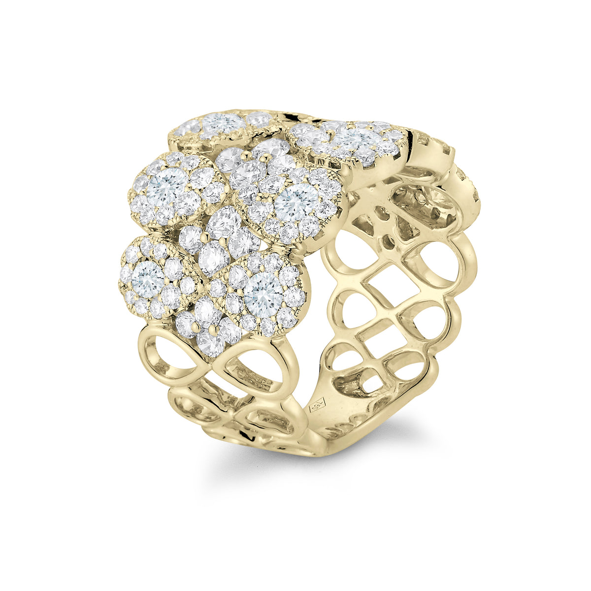 Diamond Cluster Ring  18k gold, 8.15 grams, 26 round shared prong-set diamonds 1.93 carats, 108 round shared prong-set diamonds 1.62 carats.  Total diamond weight 3.55 carats  Size 17 millimeters width