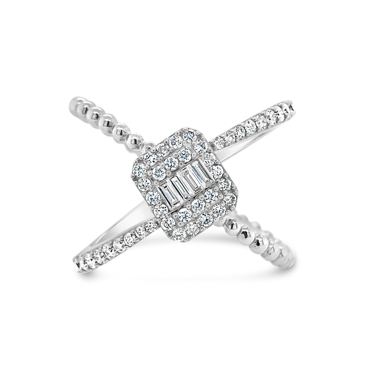 Diamond Criss-cross with Baguette Center Fashion Ring  -18k gold weighing 5.39 grams  -42 round diamonds weighing .40 carats  -4 straight baguettes weighing .08 carats