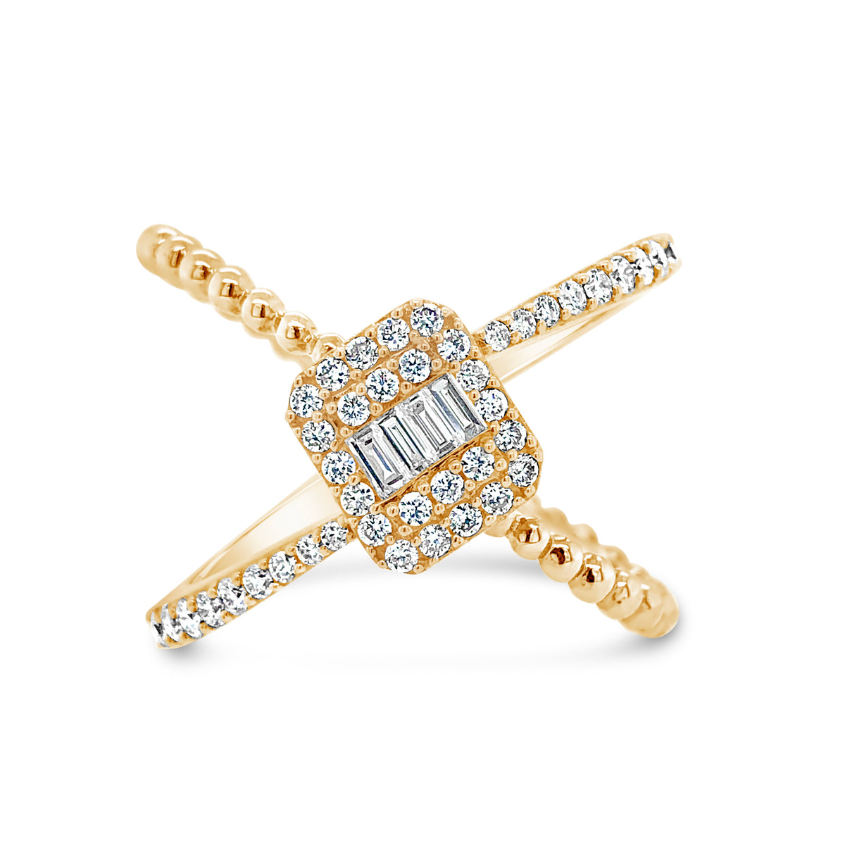 Diamond Criss-cross with Baguette Center Fashion Ring  -18k gold weighing 5.39 grams  -42 round diamonds weighing .40 carats  -4 straight baguettes weighing .08 carats