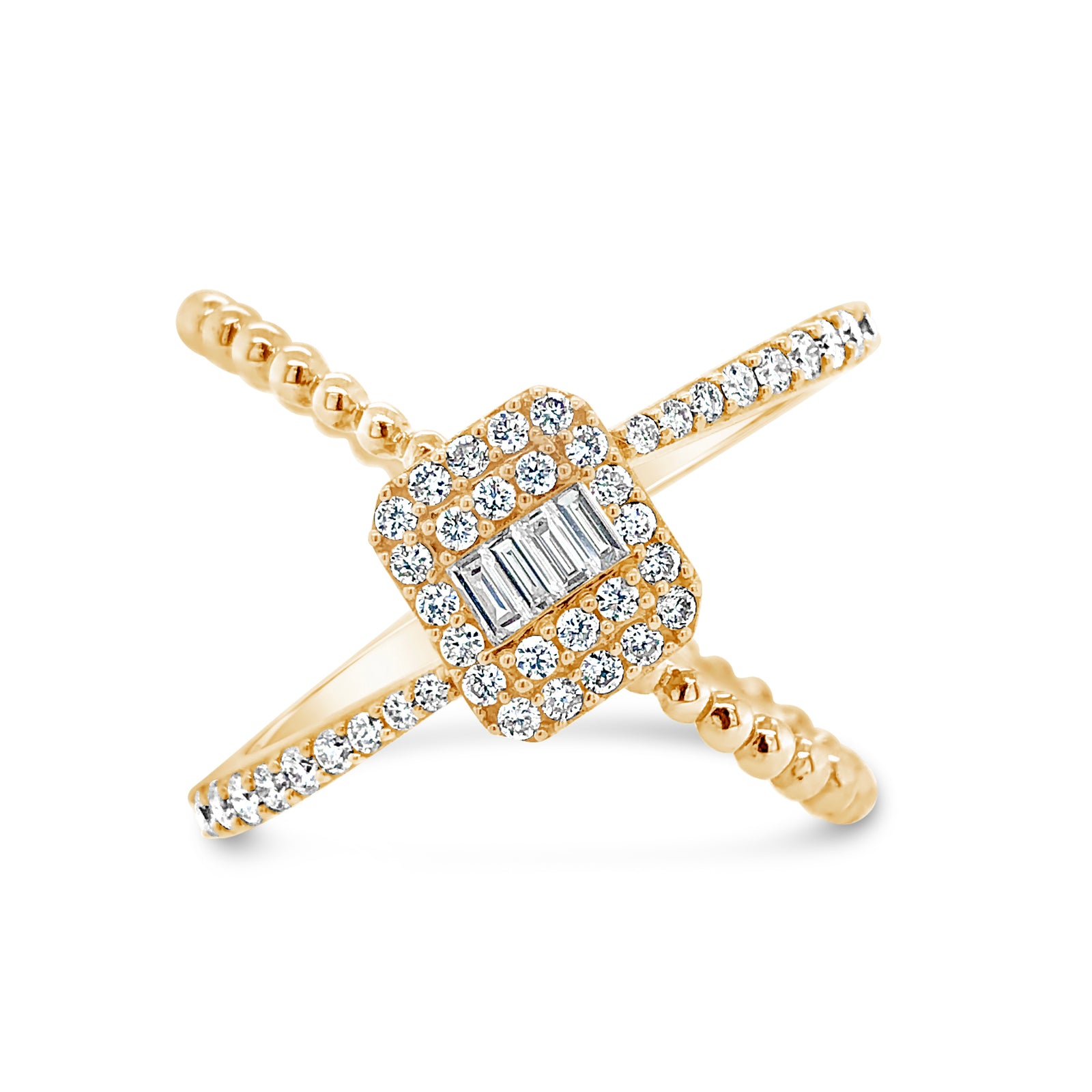 Diamond Criss-cross with Baguette Center Fashion Ring  -18k gold weighing 5.39 grams  -42 round diamonds weighing .40 carats  -4 straight baguettes weighing .08 carats