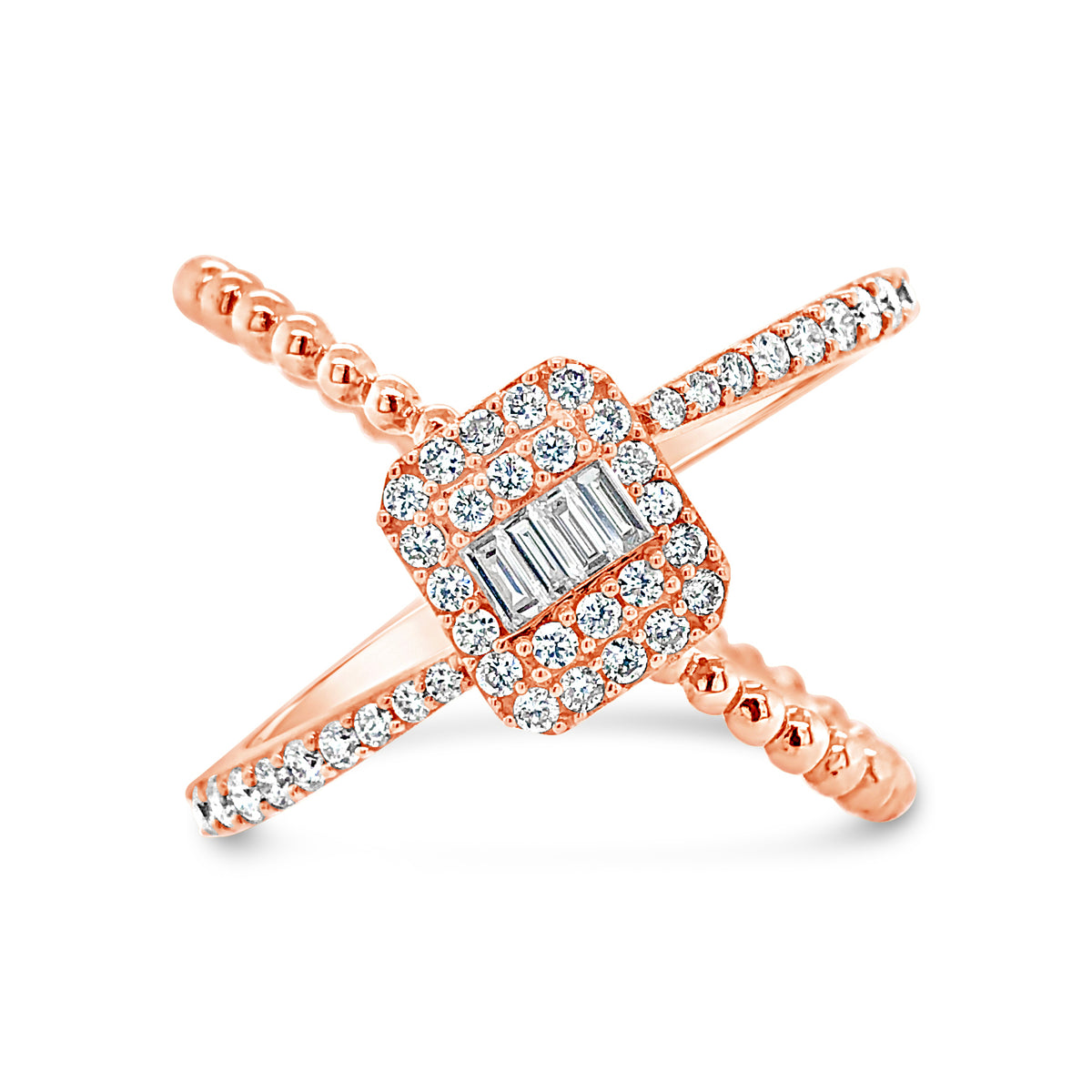 Diamond Criss-cross with Baguette Center Fashion Ring  -18k gold weighing 5.39 grams  -42 round diamonds weighing .40 carats  -4 straight baguettes weighing .08 carats