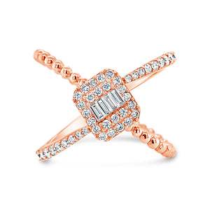 Diamond Criss-cross with Baguette Center Fashion Ring  -18k gold weighing 5.39 grams  -42 round diamonds weighing .40 carats  -4 straight baguettes weighing .08 carats