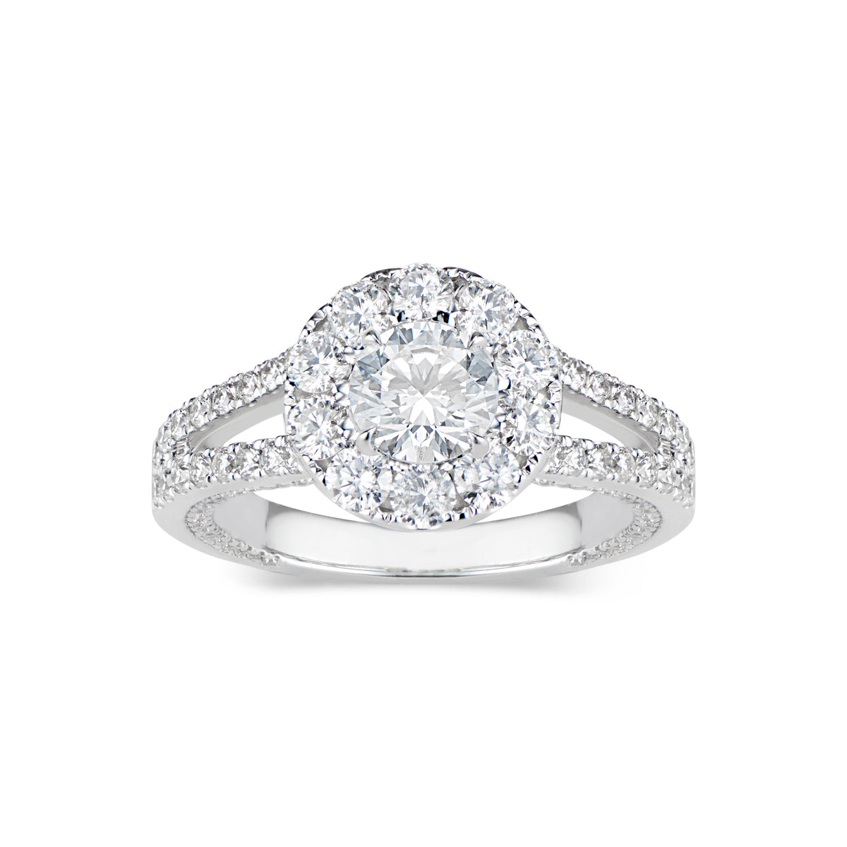Round Halo Diamond Engagement Ring with Split Shank  -18K WEIGHTING 5.36 GR  - 12 round diamonds totaling 0.79 carats  - 148 round diamonds totaling 0.62 carats