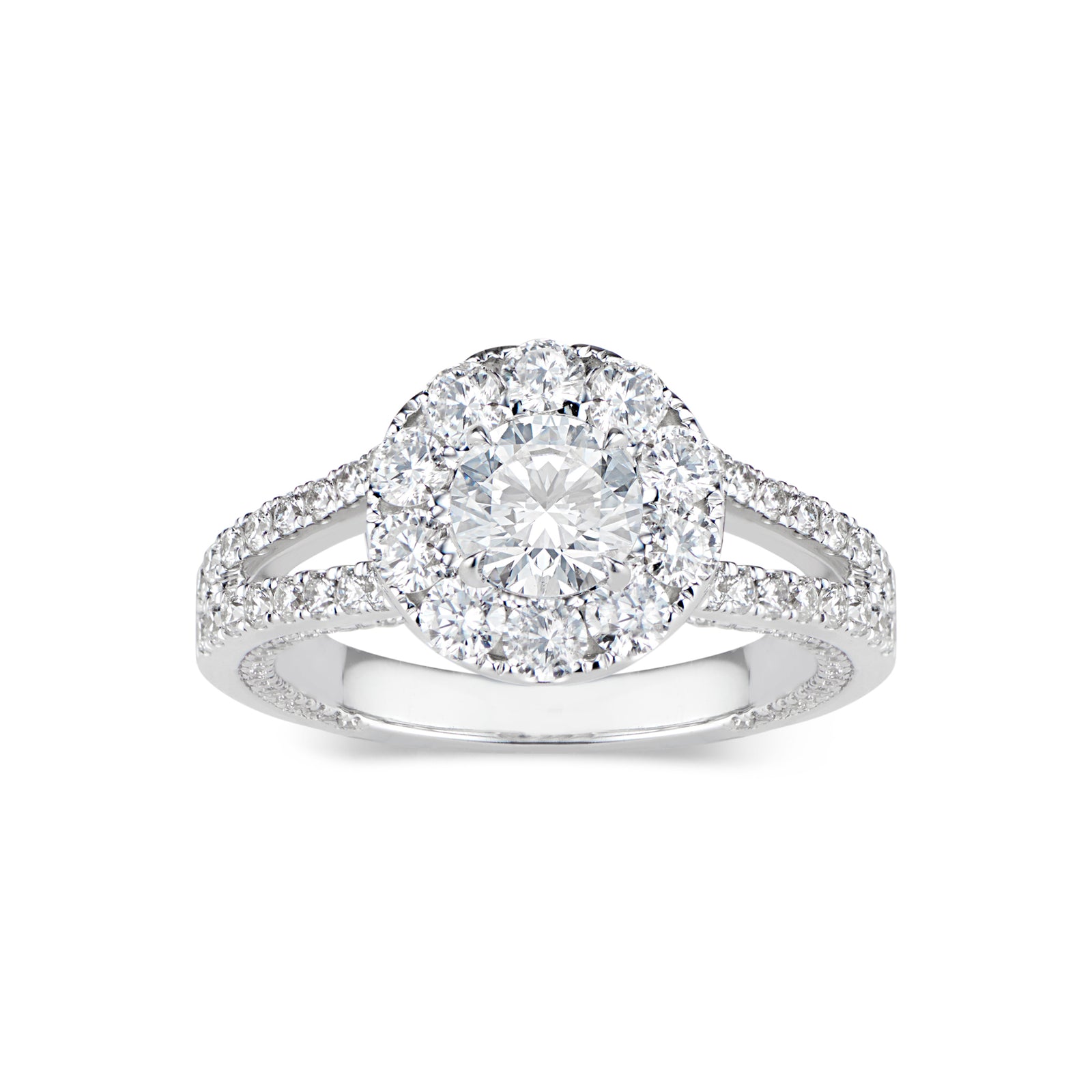 Round Halo Diamond Engagement Ring with Split Shank  -18K WEIGHTING 5.36 GR  - 12 round diamonds totaling 0.79 carats  - 148 round diamonds totaling 0.62 carats