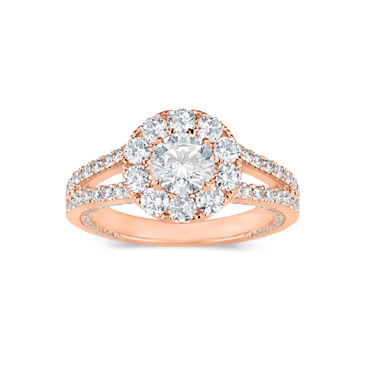 Round Halo Diamond Engagement Ring with Split Shank  -18K WEIGHTING 5.36 GR  - 12 round diamonds totaling 0.79 carats  - 148 round diamonds totaling 0.62 carats