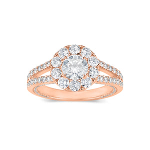Round Halo Diamond Engagement Ring with Split Shank  -18K WEIGHTING 5.36 GR  - 12 round diamonds totaling 0.79 carats  - 148 round diamonds totaling 0.62 carats