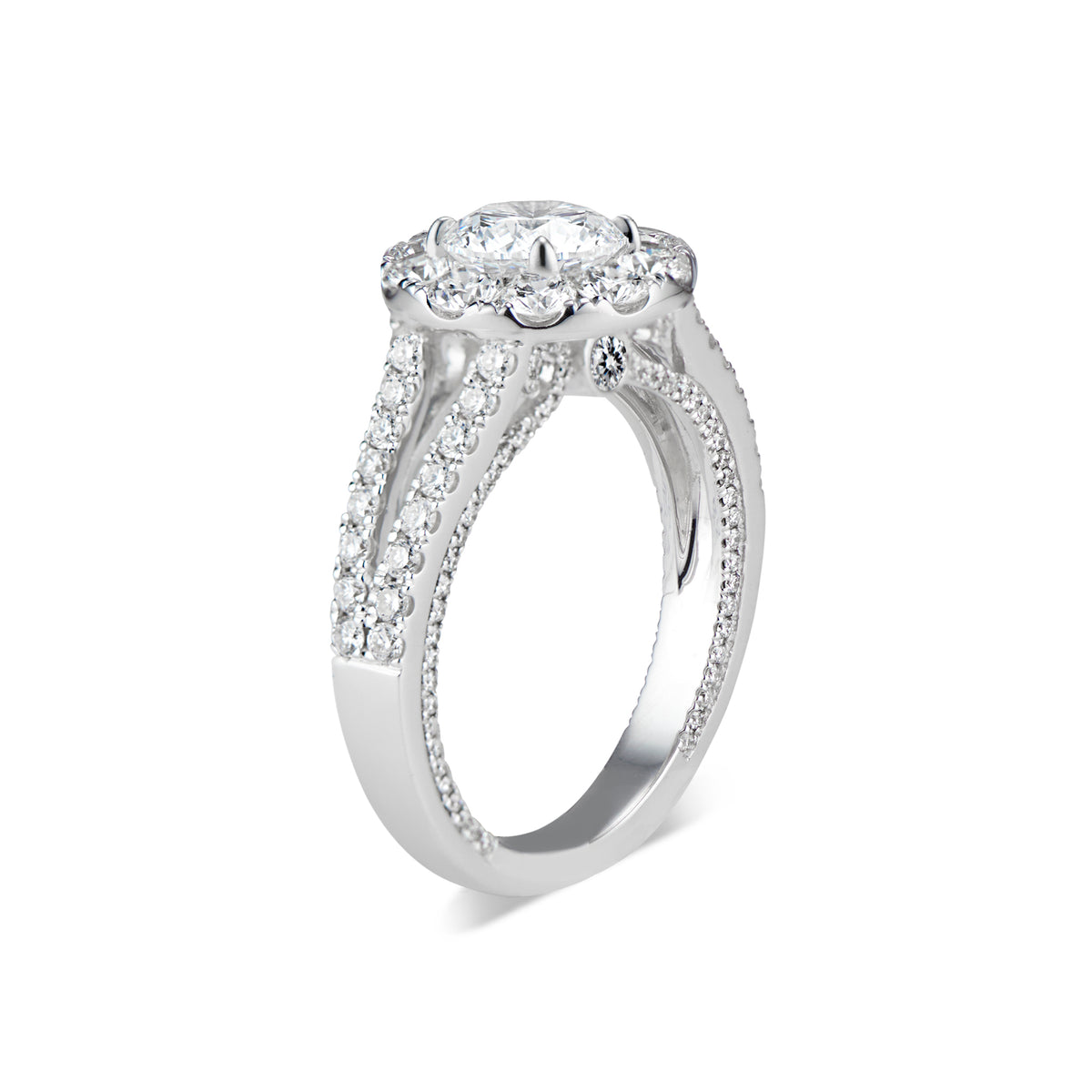 Round Halo Diamond Engagement Ring with Split Shank  -18K WEIGHTING 5.36 GR  - 12 round diamonds totaling 0.79 carats  - 148 round diamonds totaling 0.62 carats
