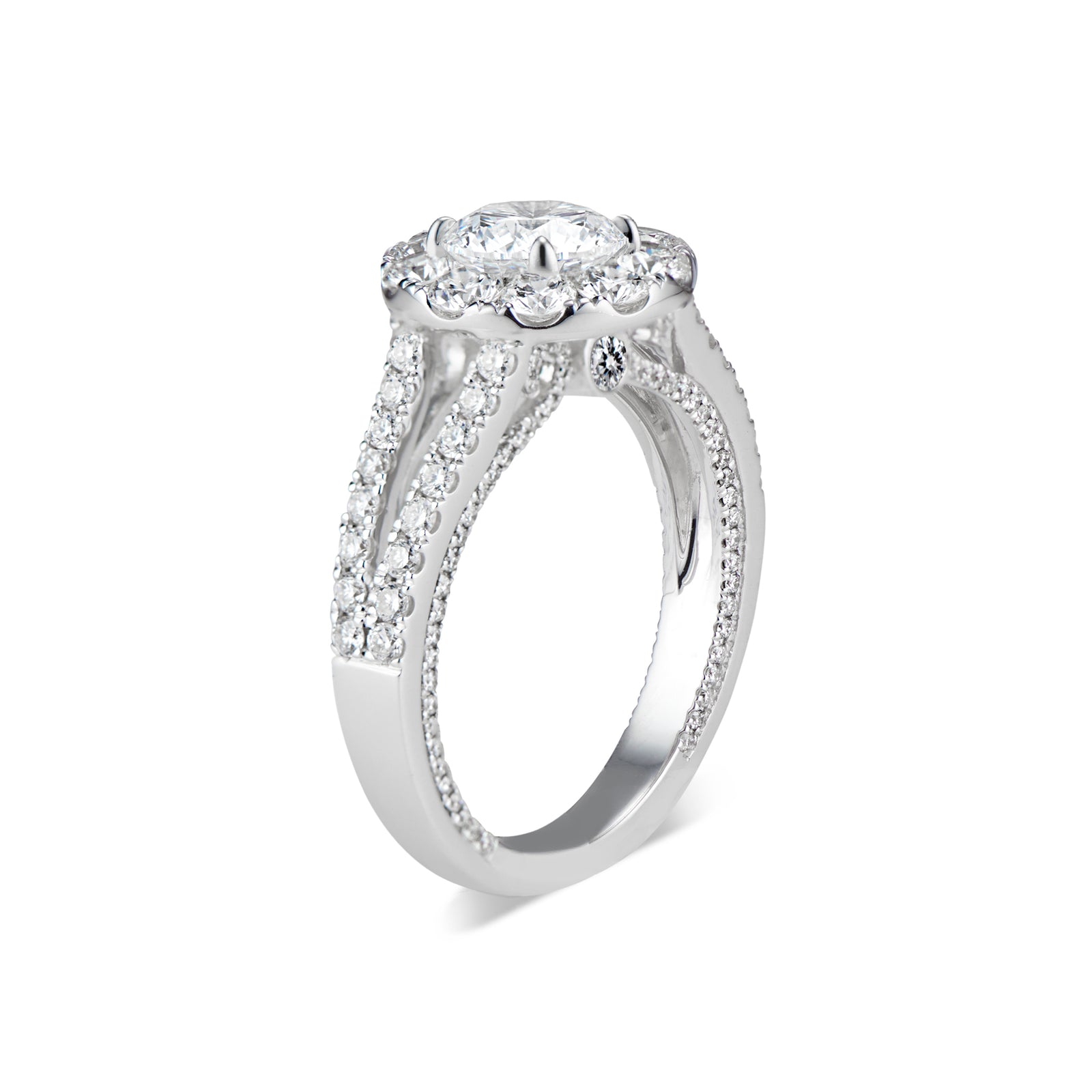Round Halo Diamond Engagement Ring with Split Shank  -18K WEIGHTING 5.36 GR  - 12 round diamonds totaling 0.79 carats  - 148 round diamonds totaling 0.62 carats