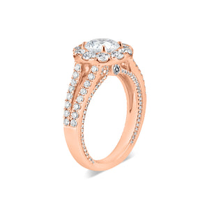 Round Halo Diamond Engagement Ring with Split Shank  -18K WEIGHTING 5.36 GR  - 12 round diamonds totaling 0.79 carats  - 148 round diamonds totaling 0.62 carats