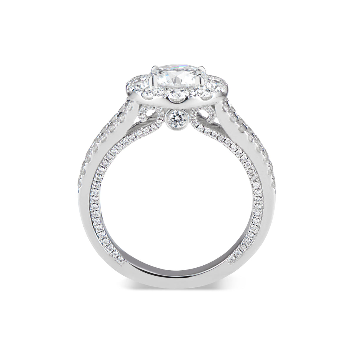 Round Halo Diamond Engagement Ring with Split Shank  -18K WEIGHTING 5.36 GR  - 12 round diamonds totaling 0.79 carats  - 148 round diamonds totaling 0.62 carats